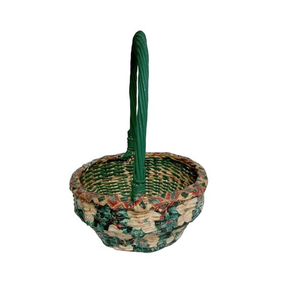 🎄🧺1980s Decoupage Wicker Basket Floral Red Green White Vintage Decor 💐 - Picture 5 of 16